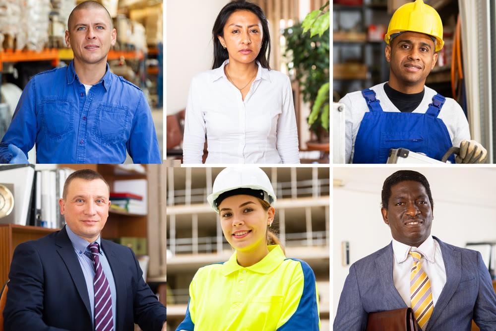 Collage of portraits of business people in various business situations closeup