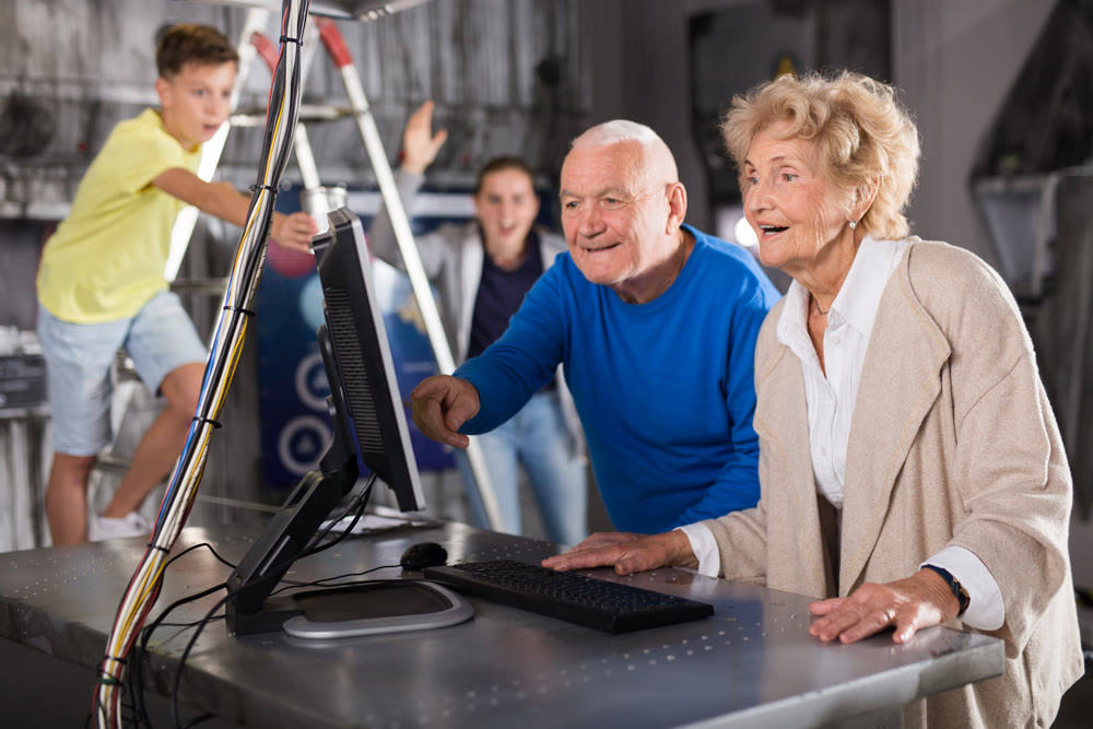 Grandparents and teenagers trying to get out of an escape room stylized under laboratory