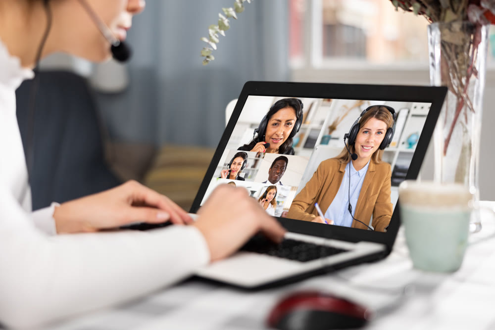 Video conference on laptop, business meeting