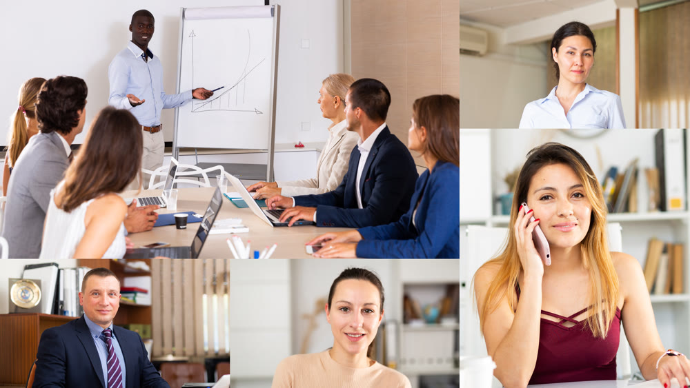 Collage of portraits of successful male and female office workers