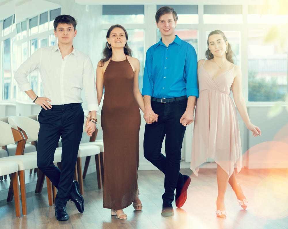 Young people performing folk Celtic dance in choreography class