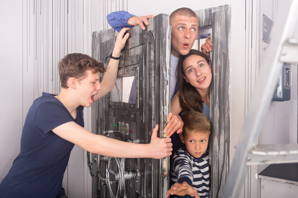 Family tries to open the door to the quest room with an expression of panic