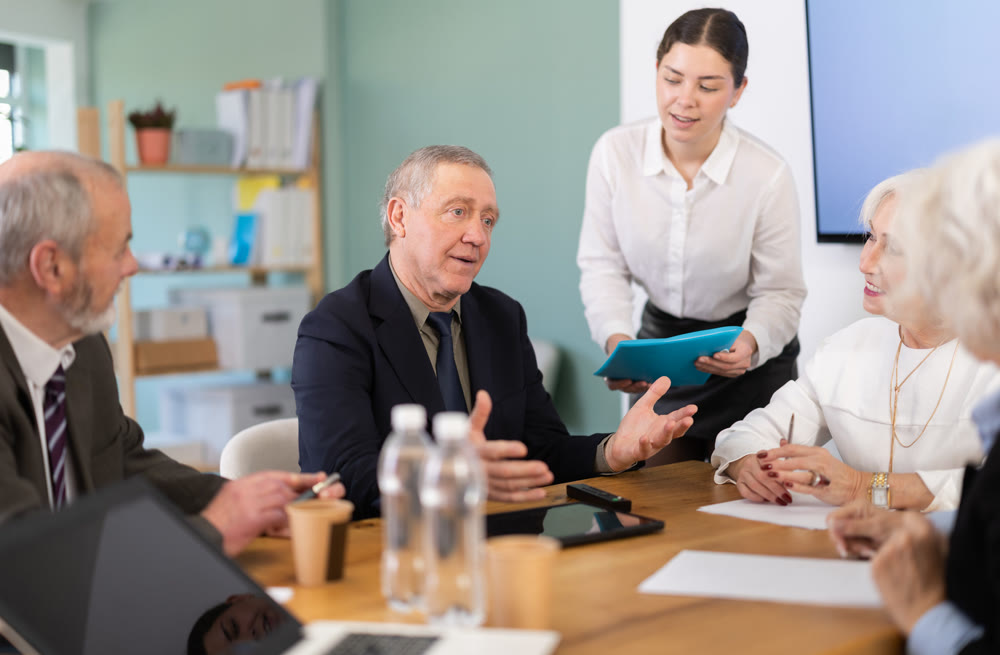 Girl secretary accompanies business negotiations and submit documents