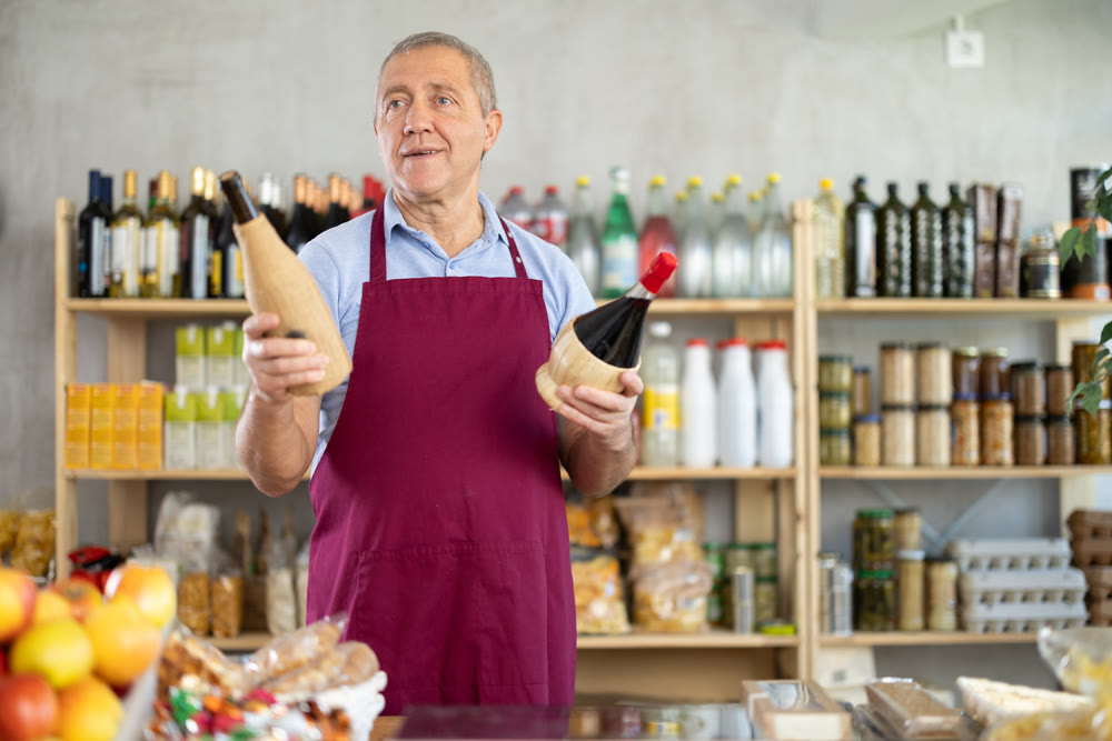 Elderly man seller offers wine in grocery store