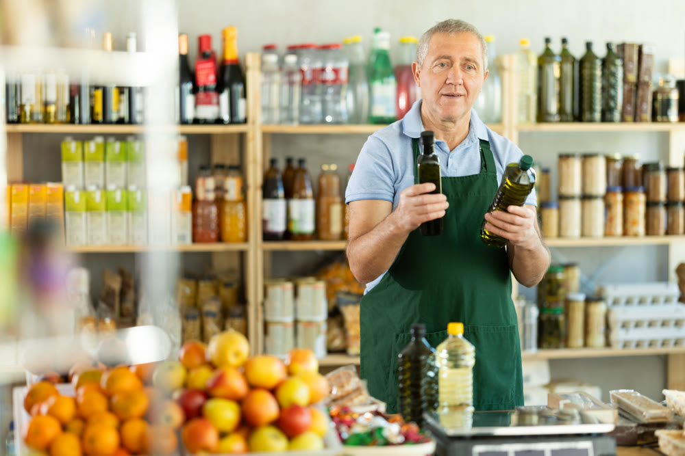 Elderly man seller offers olive oil in grocery store