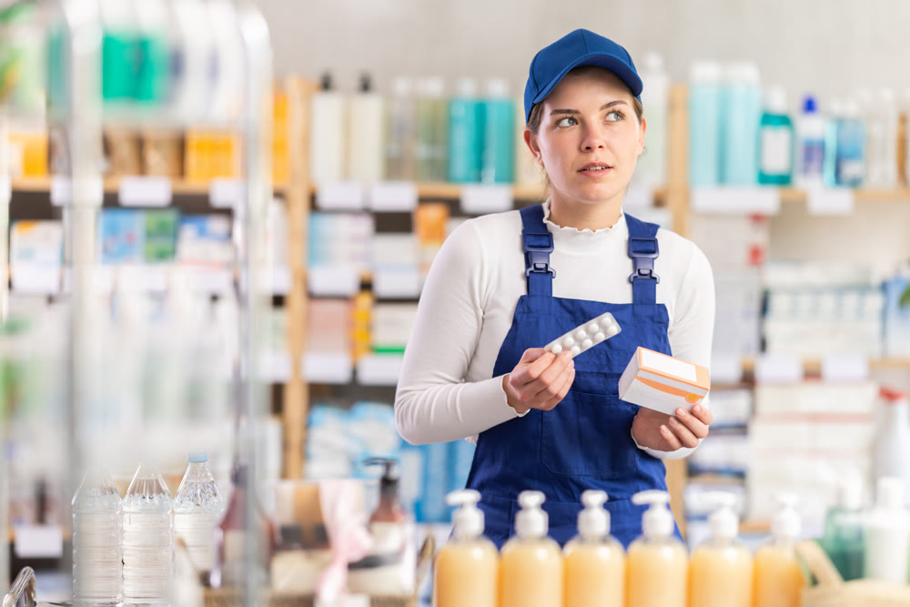 In sales area of pharmacy, builder woman examines packaging of tablet pill
