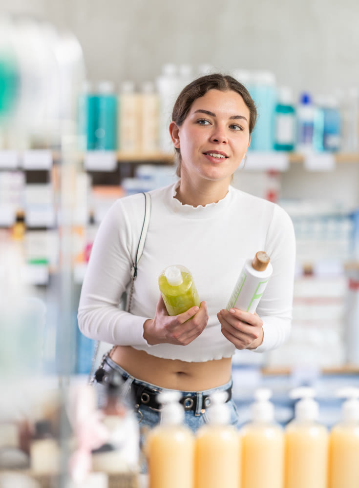 Female shopper in summer clothes chooses medicated shampoo at pharmacy