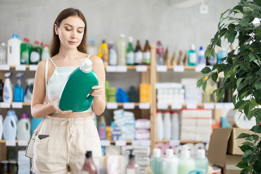 Woman looking for trademark sign on label, chooses eco friendly liquid powder