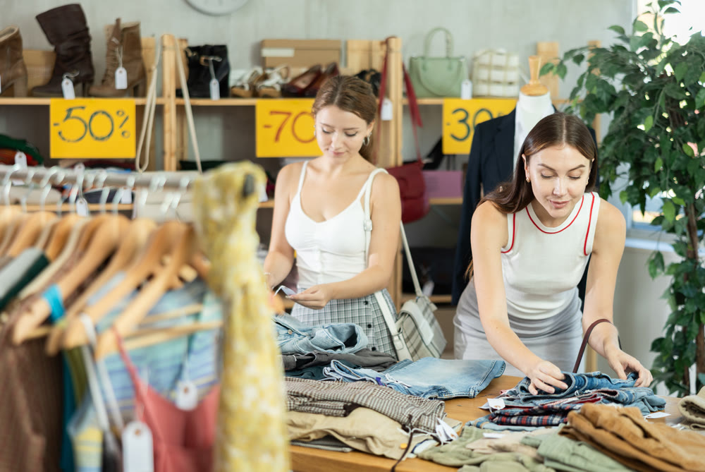 Young women customer making choice and elect trousers or shorts in store