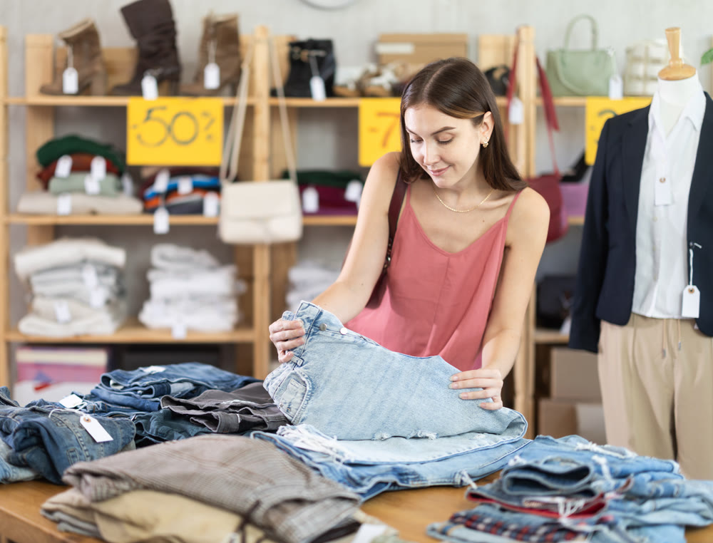 Female shopper choosing trousers in clothing store