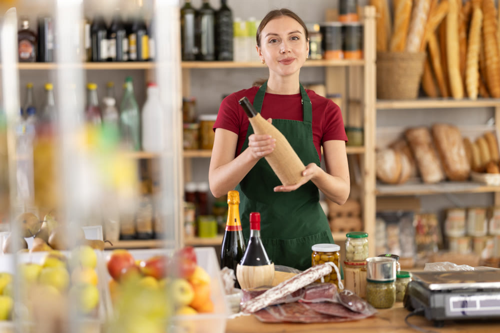 Smiling girl store clerk is preparing to meet customers