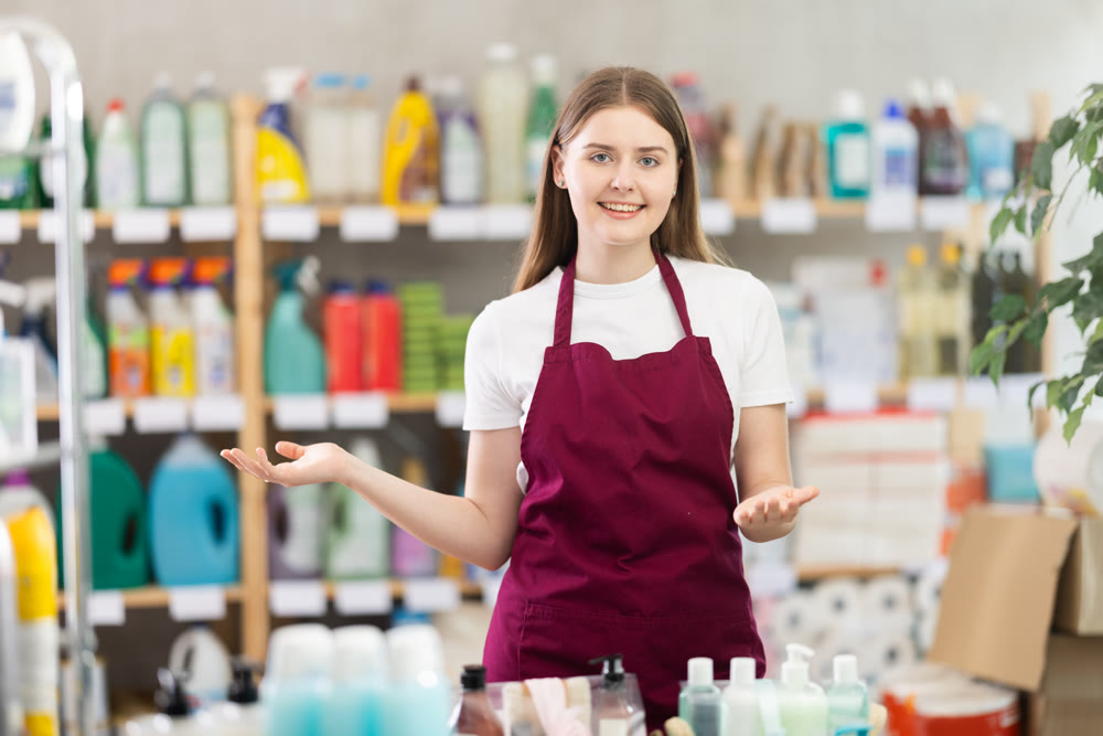 Friendly sales girl invites you to visit hardware store