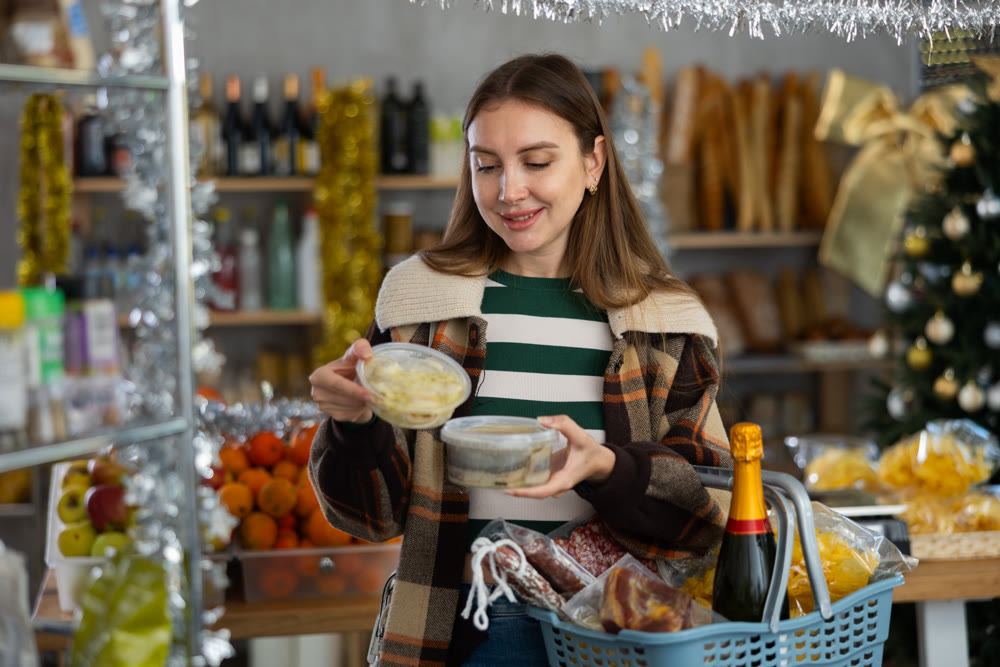 Preparing for Christmas celebration - girl chooses salted herring in produce section of supermarket