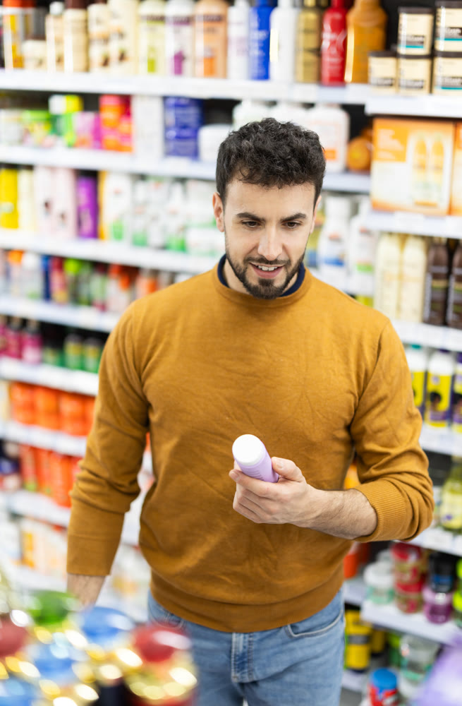 Young man choosing body and hair care products in supermarket