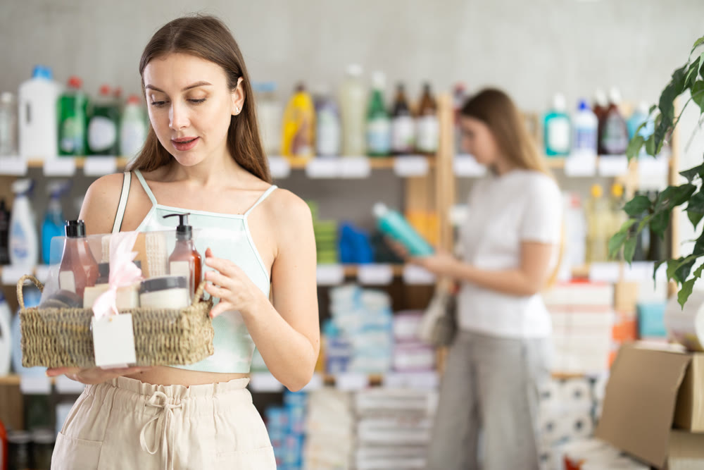 Woman shopping presents at home goods store, while in background shoppers browse products