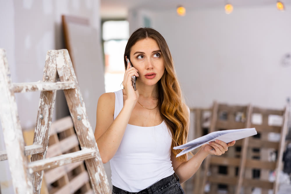 Young woman with documents is talking on a mobile phone