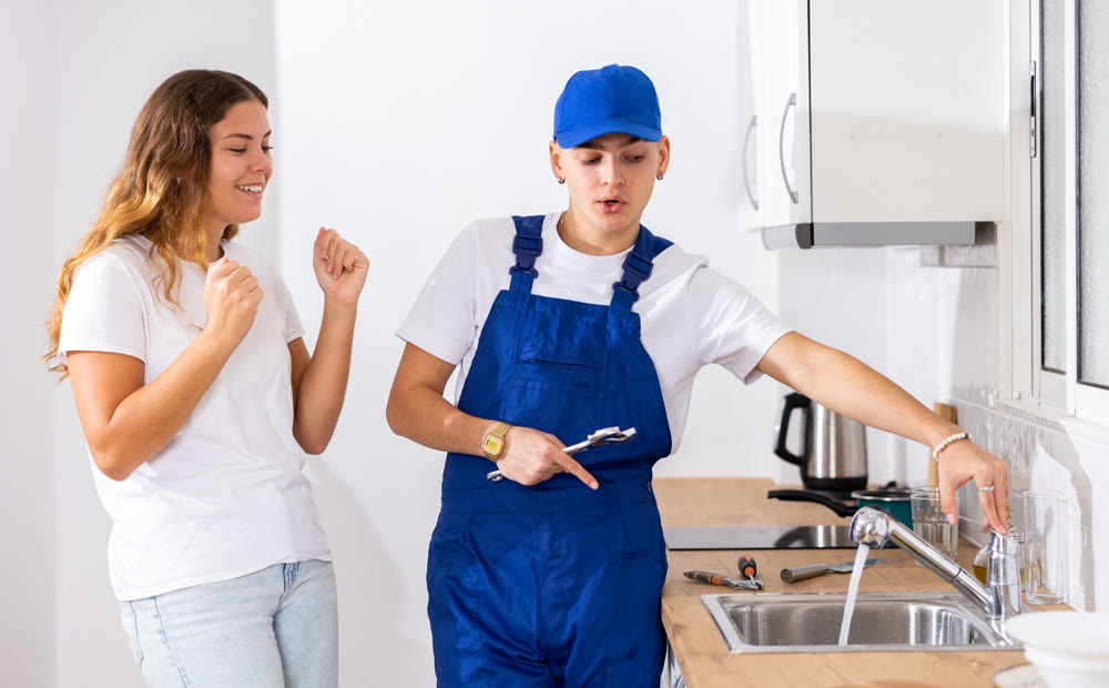 Happy satisfied housewife checks operation of the water tap in the kitchen and thanks plumber