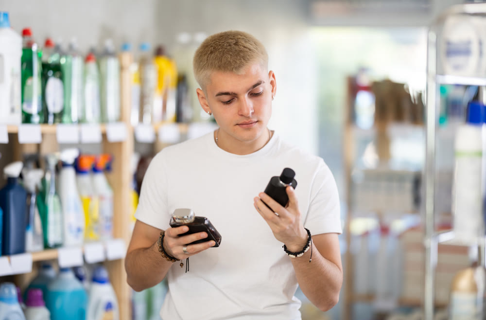 Male shopper choosing scented cosmetics in supermarket