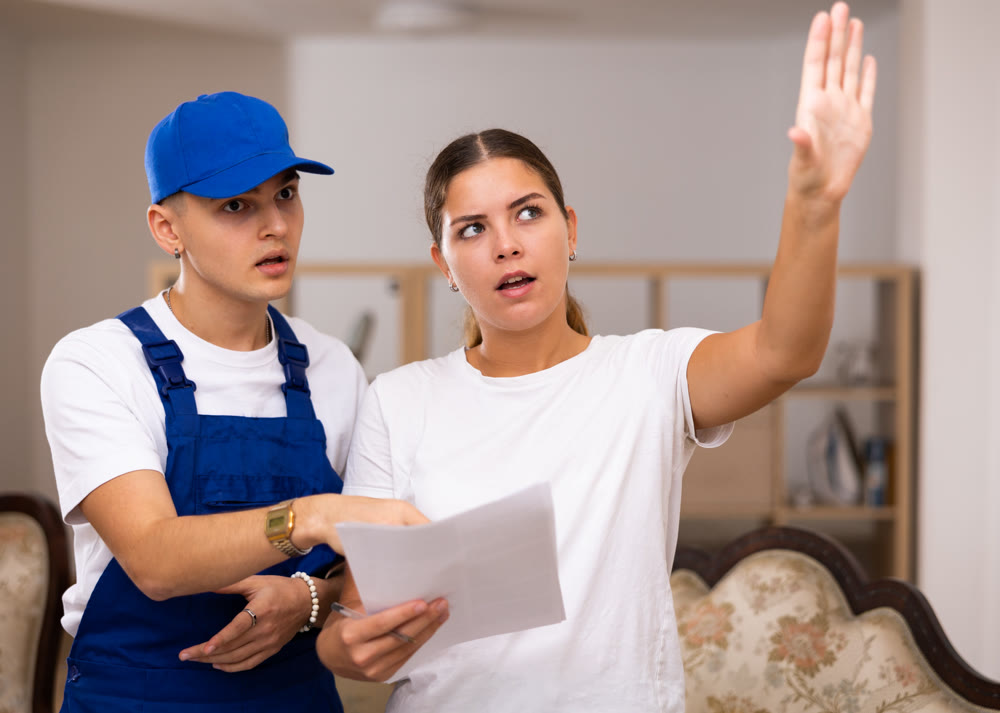 Housewife shows young builder where to make repairs in living room