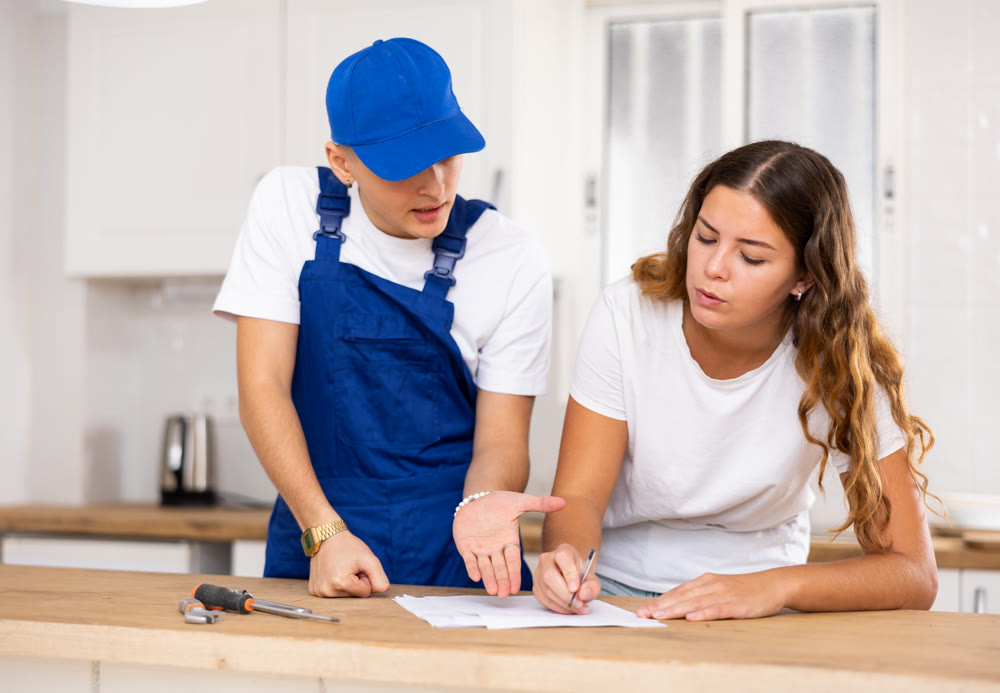 Young woman signs a contract for the provision of services to a plumber