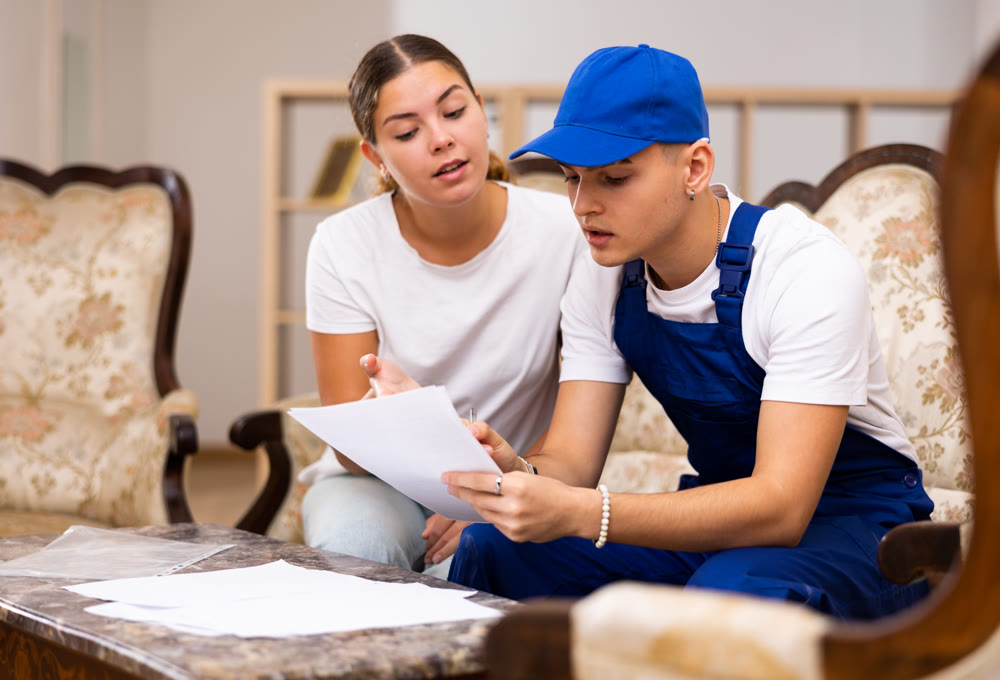 Owner of partment and the young builder sign documents while sitting on sofa in living room