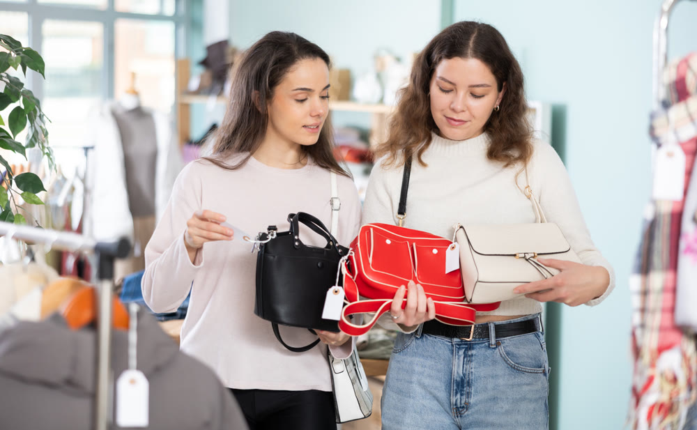 Two young women choosing handbag in store