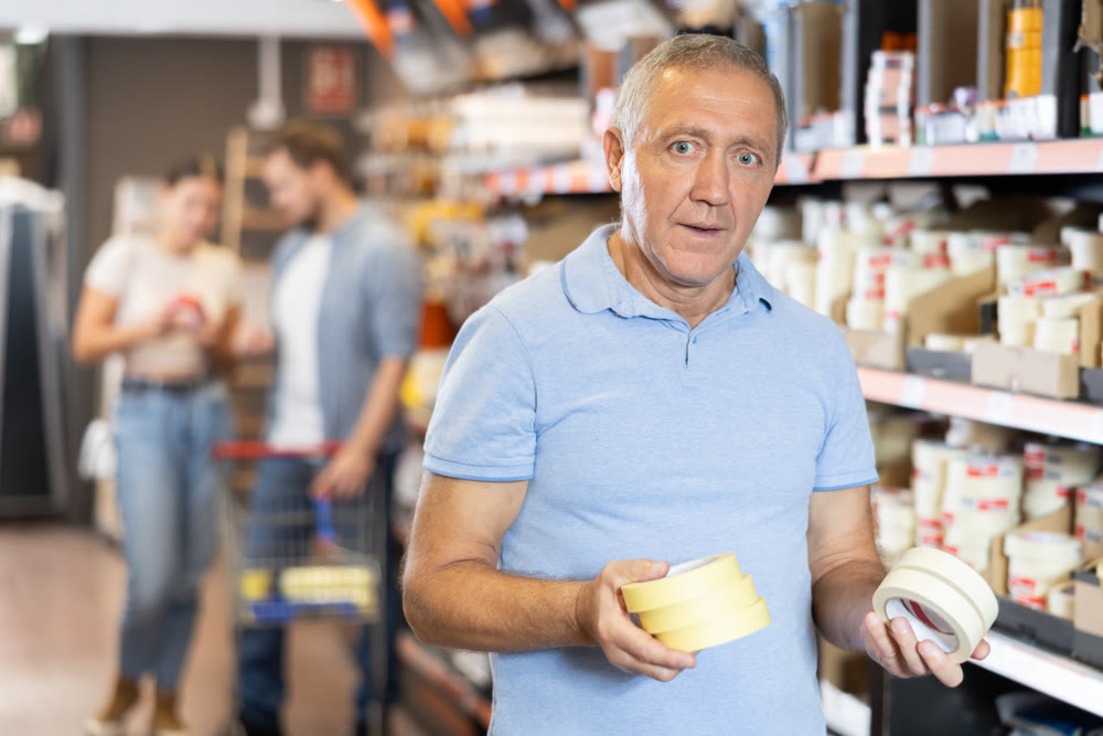 Elderly man chooses building tape in store