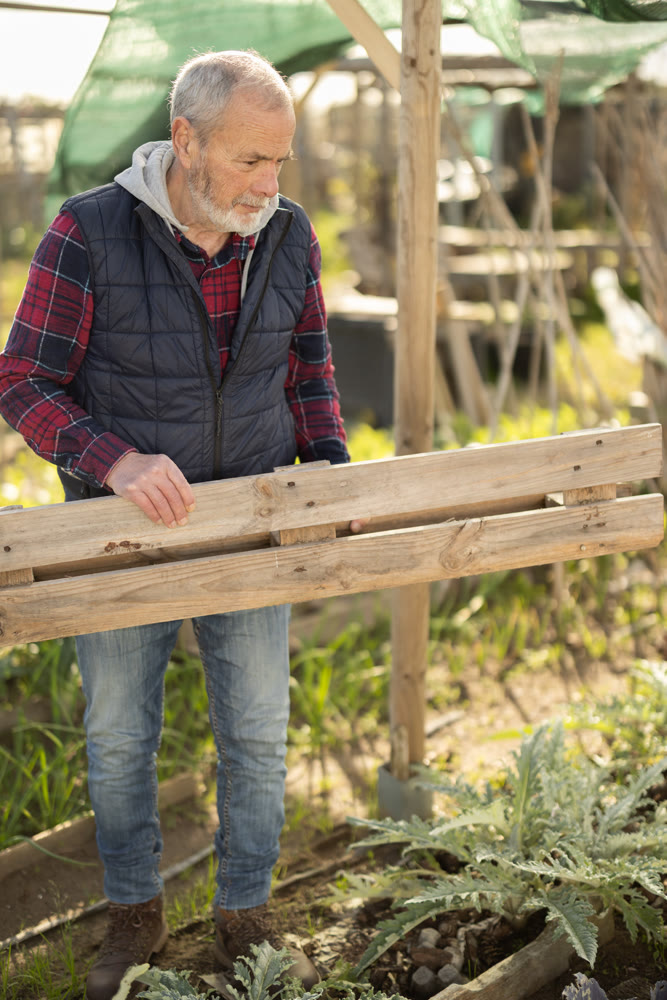 Elderly man building fence in garden