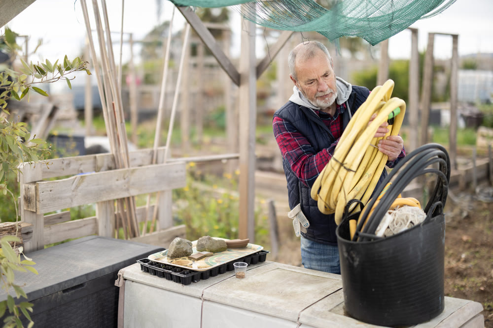 Senior man inspects watering hose