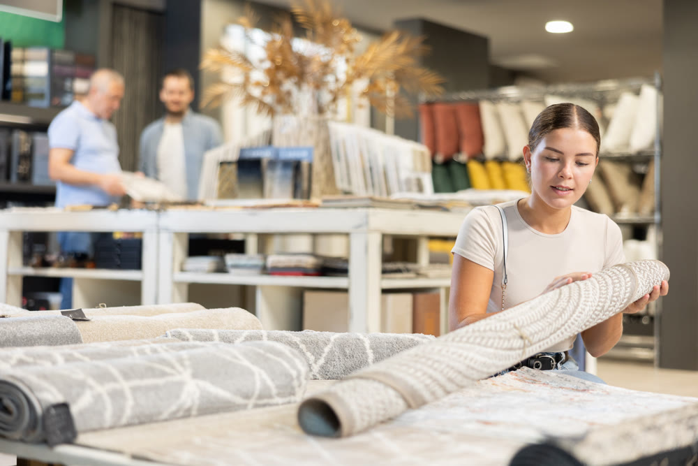 Female buyer chooses soft carpet to create coziness in her apartment