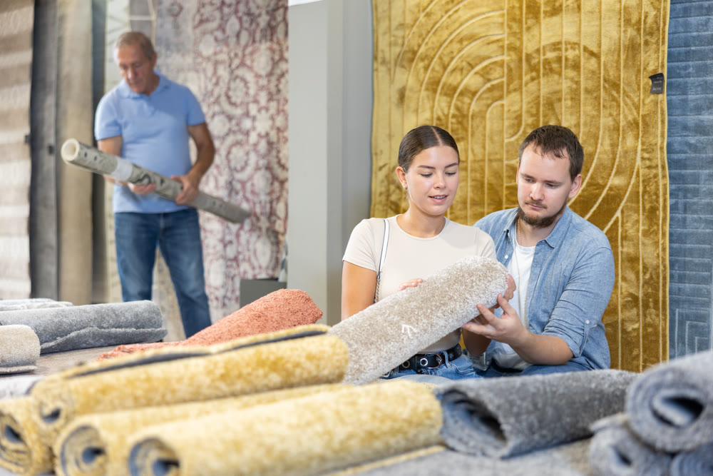On territory of exhibition hall, husband and wife inspect carpets