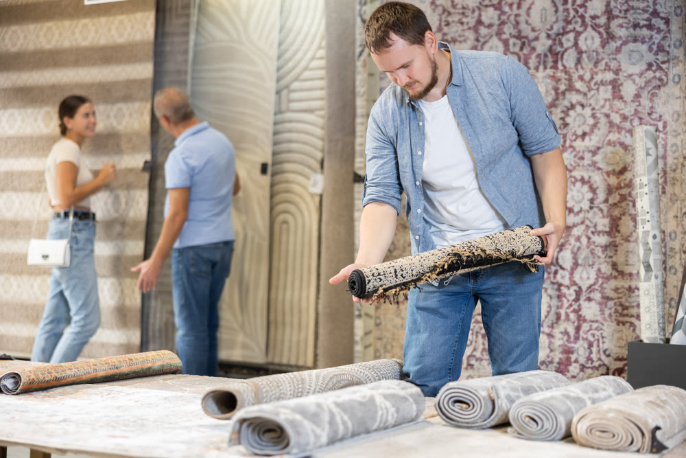 On territory of exhibition hall, guy inspect carpets