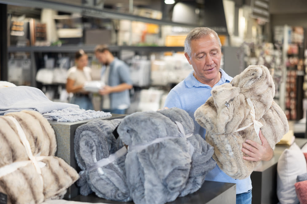 Elderly buyer carefully selects warm blanket to create coziness in his apartment