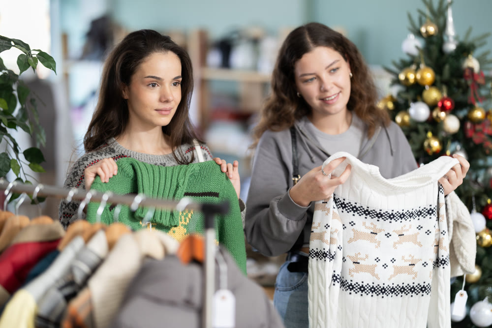 Young girls choosing sweater in clothing store during Christmas
