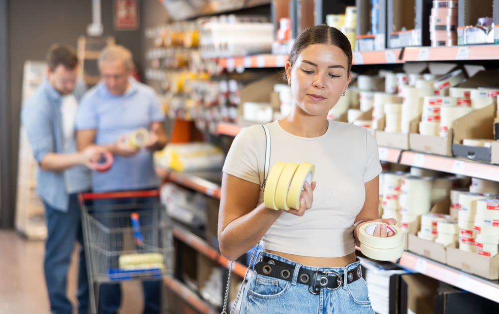 Shopping for various items at hardware store - girl selects double-sided masking tape