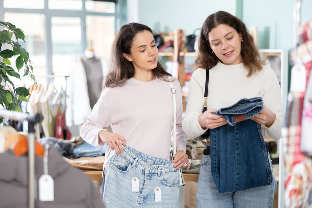 Two girls at trading floor pick out jeans