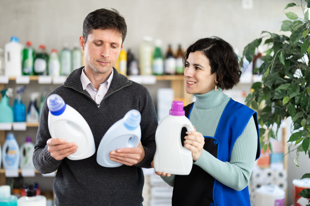 Saleswoman helps a man choose a detergent