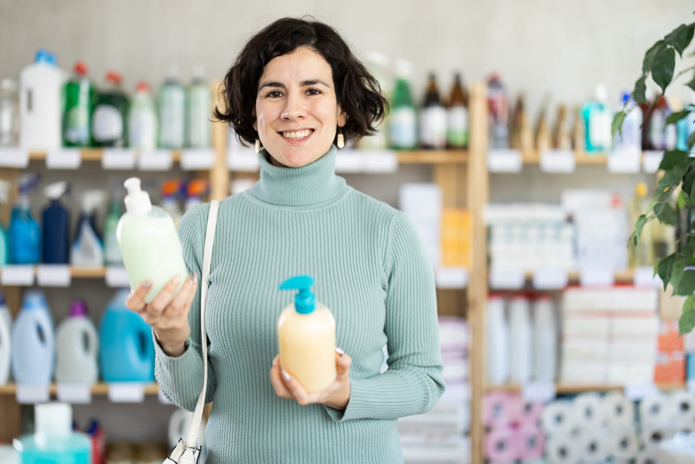 Adult woman buyer chooses liquid soap in store