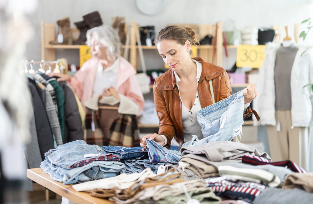 woman chooses jeans against the background of an elderly customer