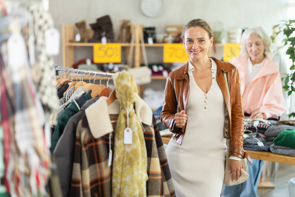 Young woman chooses outerwear in store