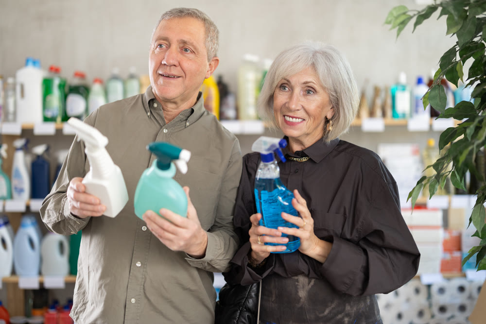 Senior spouses studies label and choose kitchen cleaner spray
