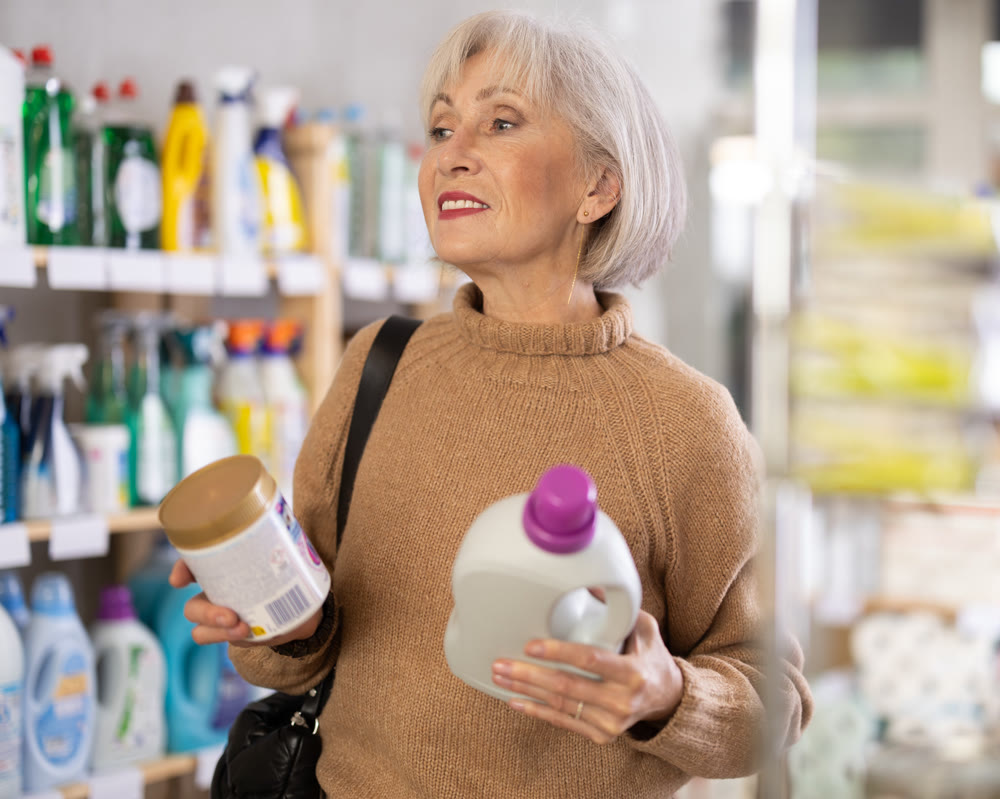 woman chooses cleaning products and rinse aid in the store