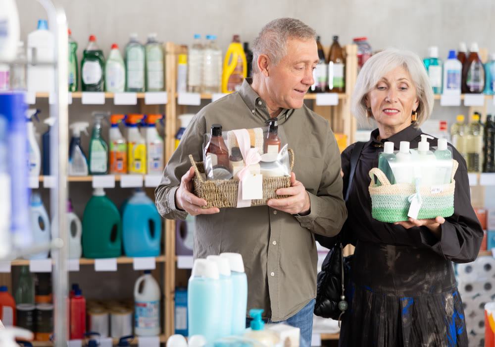 Senior spouses studies label and choose shower cosmetic present, packaged in basket