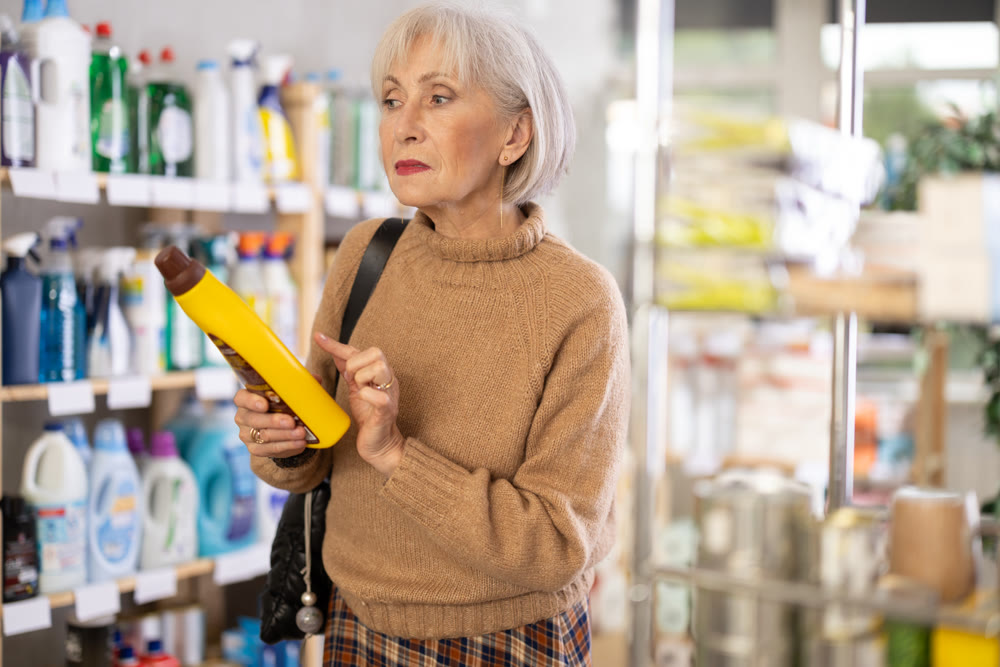 Elderly housewife buys a cleaning product for washing parquet and laminate floors in supermarket