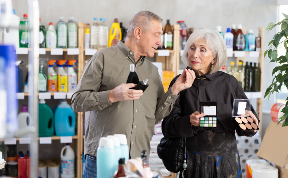 Husband and wife choose cosmetics and perfume together in supermarket