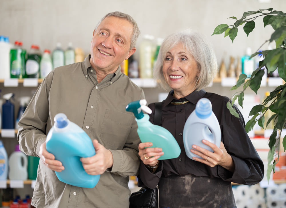 Married couple choose detergent and spray together in supermarket