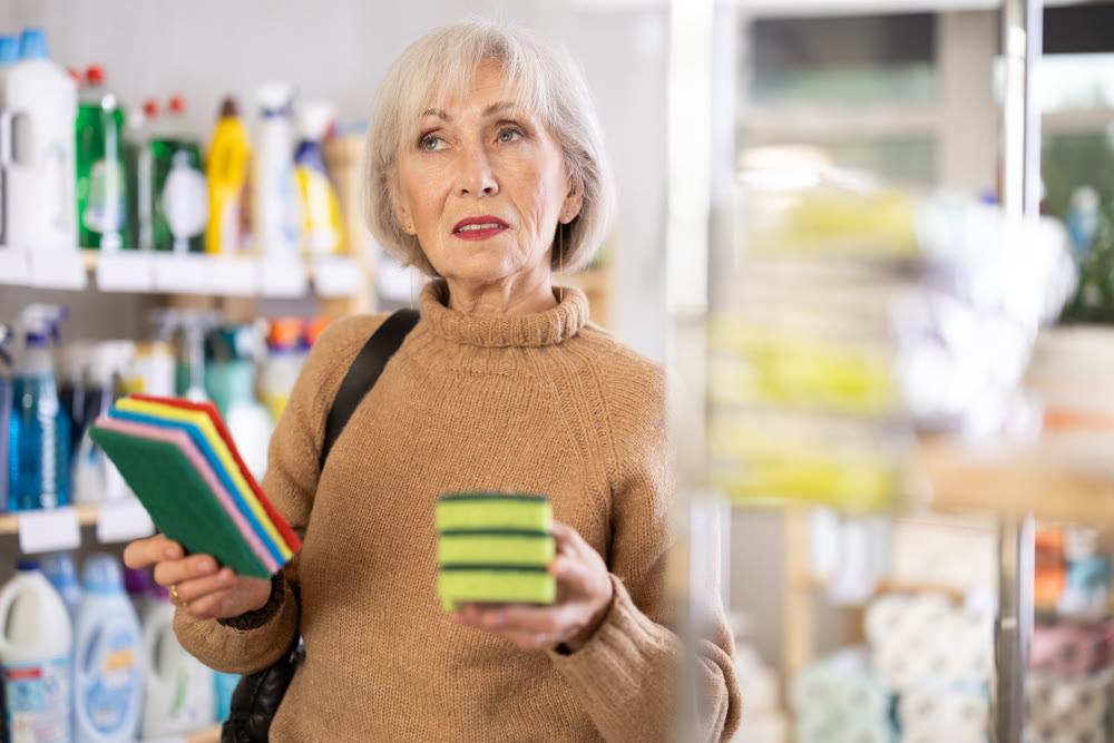 Elderly housewife chooses sponges for washing dishes and tiles in supermarket
