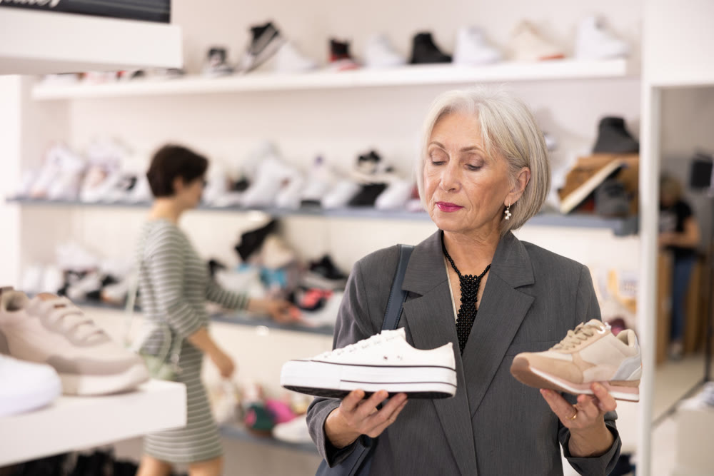 Senior woman takes samples from showcase and examines snickers