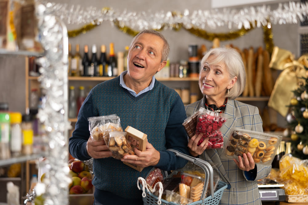 Elderly spouses choose consider nougat, panettone, marzipan, cookies, chocolate