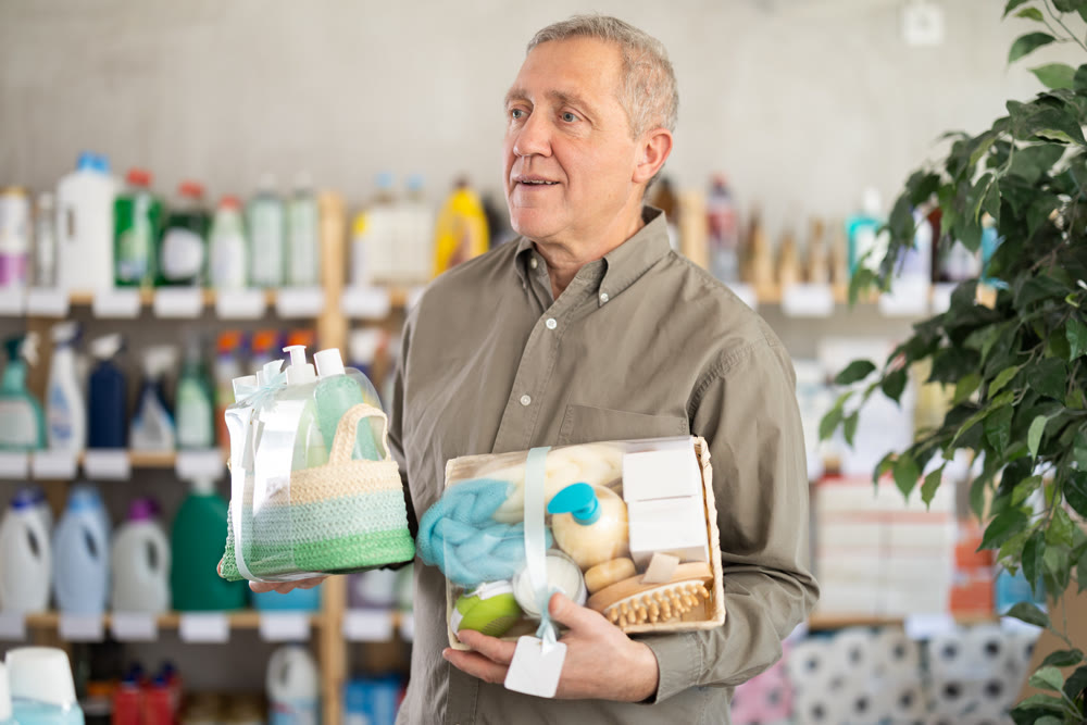 Senior man studies label and choose shower cosmetic present, packaged in basket.